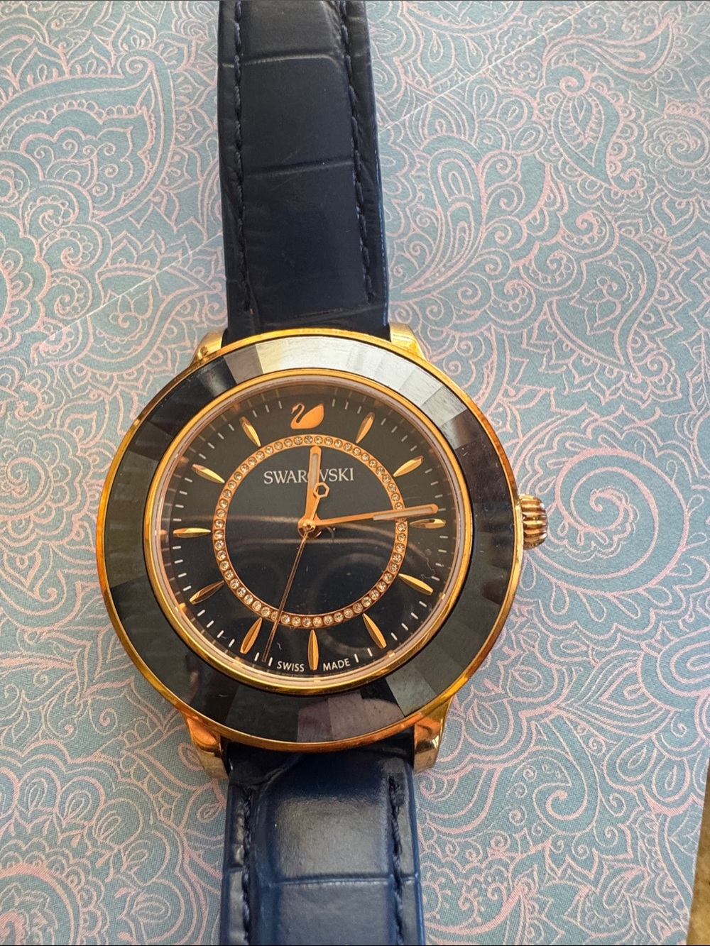 Swarovski Navy and Gold Crystal-Accent Women's Dress Watch Like Battery
